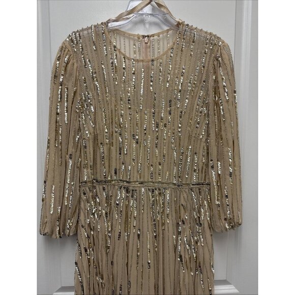 Mac Duggal Size 12 Beige 93889 Beaded Sequin High Neck Midi Cocktail Dress New - Picture 5 of 10